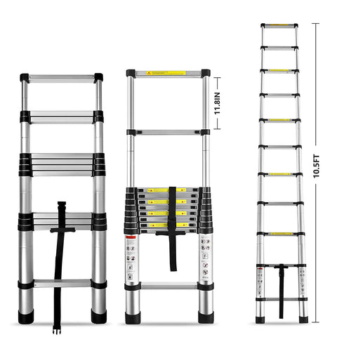 10.5 Ft Telescoping Aluminum Ladder With 330 Lb Capacity, Heavy Duty Extendable Step Ladder, Collapsible Locking Mechanism, Ideal For Attics, Indoors And Outdoors, Safe Storage And Easy Setup