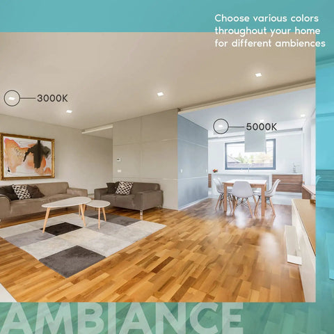 Living room with modern decor illuminated by 4 Inch Ultra Thin Square LED Recessed Light With J Box Dimmable 12W Five Color Temperature Options From 2700K To 5000K 950 Lumens Wet Rated IC Rated Energy Star Pack Of Six