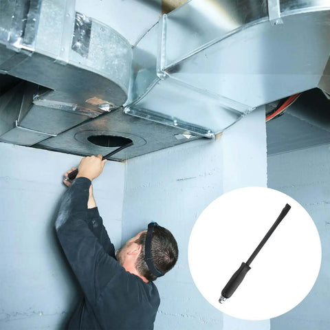 Person using 12 Inch Duct Slitter Hand Sheet Slicer for cutting metal pipes in ductwork, showing beveled notch tip and durable metal build