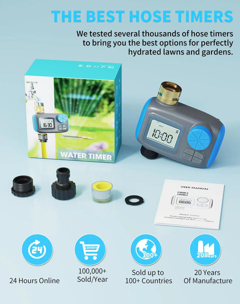 Programmable Sprinkler Timer With Brass Swivel Female Coupler, Digital Irrigation Controller, packaging and components displayed