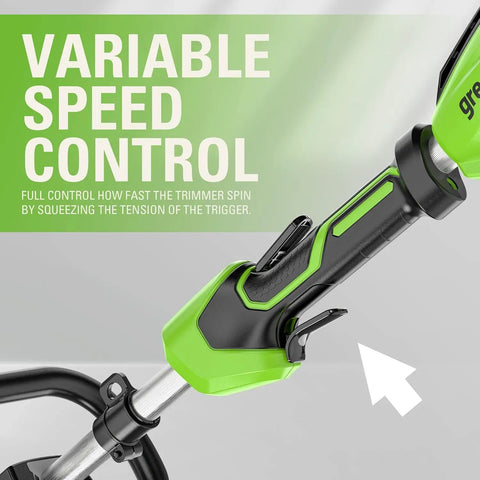 Close-up of the variable speed control trigger on the 40V Cordless String Trimmer Featuring Brushless Motor for precise grass mowing.