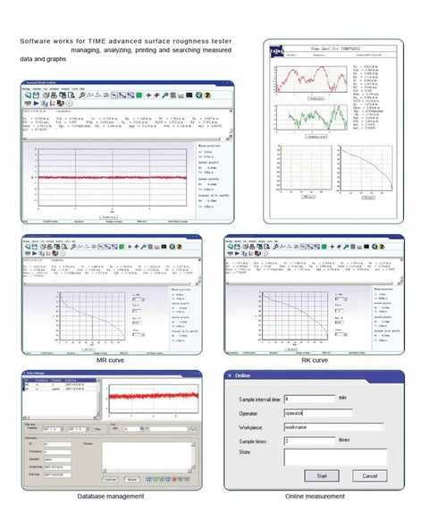 Software interface for Digital Surface Roughness Tester Heavy Duty Portable Profilometer Gauge showing analysis tools and graphs.