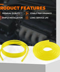 Fuel Line Hose Kit For Small Engine Tools, Twenty Feet Total, yellow coils on table with product features text.
