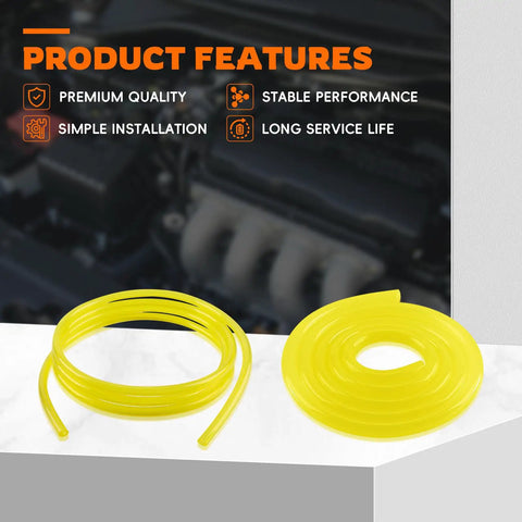 Fuel Line Hose Kit For Small Engine Tools, Twenty Feet Total, yellow coils on table with product features text.