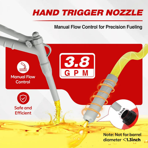Hand trigger nozzle on a No Nonsense Portable Fuel Transfer Pump With Hand Trigger Nozzle For Quick Stop And Precise Flow, 3.8 GPM highlighted.