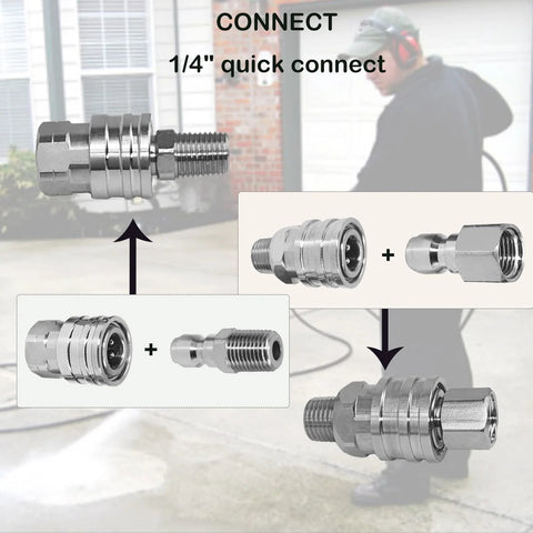 Front view of stainless steel 1/4-inch quick-connect pressure washer fittings set with male and female NPT adapters.