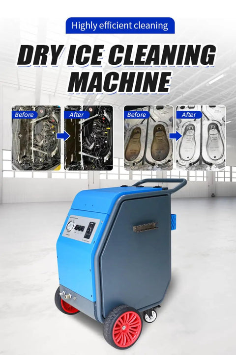 Portable Heavy Duty Dry Ice Blasting Machine For Auto Engine Degreasing And Garage Floor Decontamination, shown with before and after images.