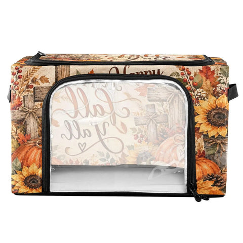 Game Changing Foldable Storage Tote With Clear Front Window And Dual Zipper Access For Quick Grabbing Steel Reinforced Base with autumn design.