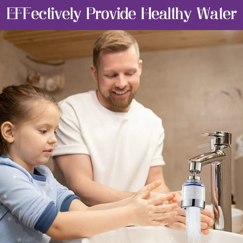Child and parent using bathroom sink faucet filter with 360 degree rotating purifier for kitchen and home for fresh tap water.