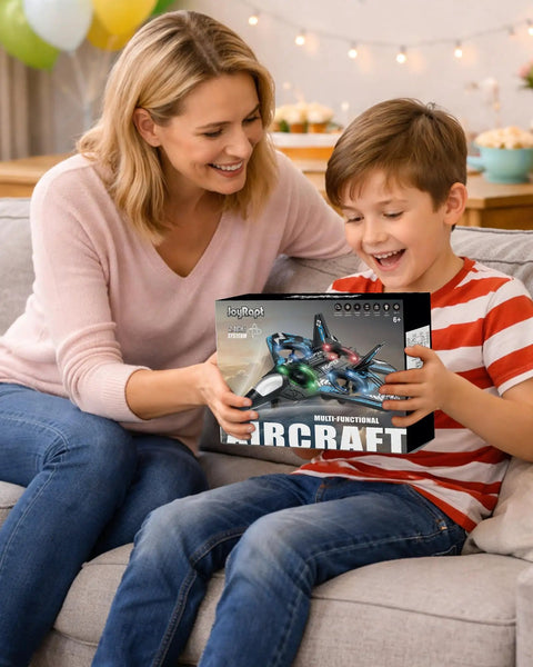 Child holding Kids RC Drone For Beginners box with adult supervising, showing product packaging and excitement.