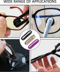 Three-piece eyeglasses cleaner kit with clip-on microfiber cleaner; portable travel tool in black, gold, silver, or purple.