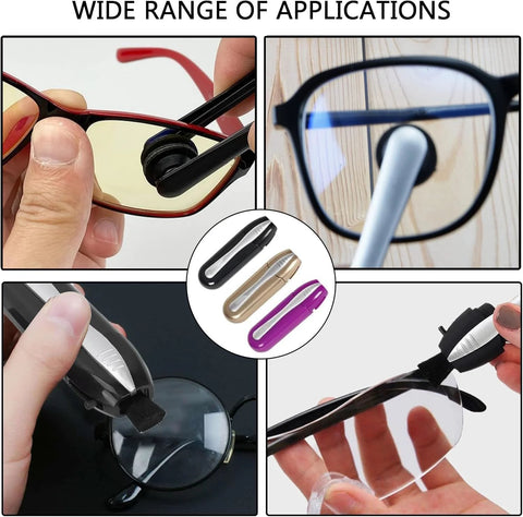 Three-piece eyeglasses cleaner kit with clip-on microfiber cleaner; portable travel tool in black, gold, silver, or purple.