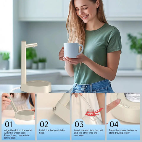 Woman using 5 Gallon Water Dispenser For Desktop Use Desk Friendly Portable Electric Water Pump With USB C Fast Charging Easy Press Button No Heavy Lifting For Home Office Bedside And Countertop Beige with instructional steps.