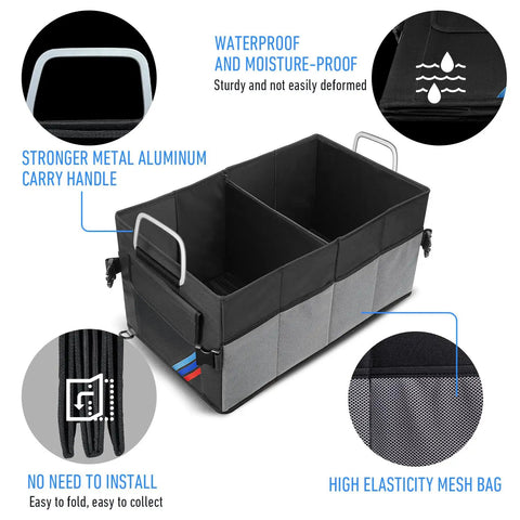 Trunk Organizer For Cars And SUVs Portable And Collapsible Waterproof Oxford Cloth With Aluminum Handle featuring compartments and mesh bag