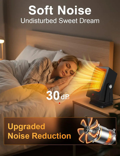 Woman sleeping beside Indoor Space Heater For Desktop Use Fast 2 Second Heating PTC Ceramic Compact Personal Electric Heater