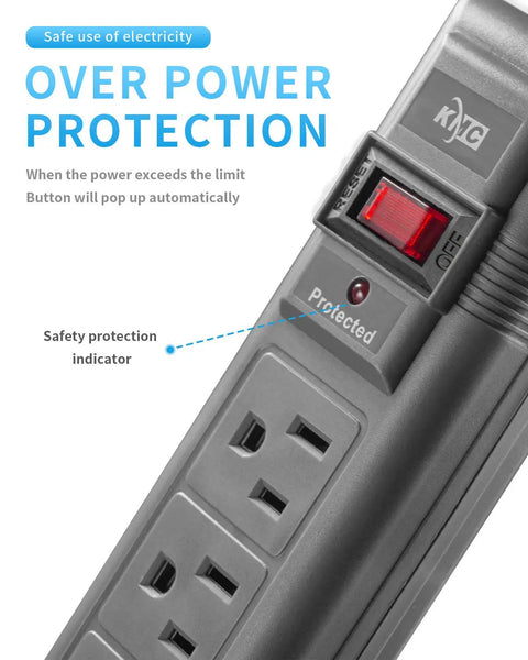 Close-up of 6-Outlet Surge Protector Power Strip 2-Pack With 1200 Joules 6ft Cord, showing safety protection indicator and power switch.