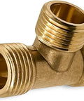 Brass 3-way equal Tee pipe fitting with three 1/2-in male threads, close-up view