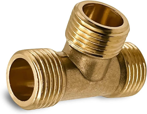 Brass 3-way equal Tee pipe fitting with three 1/2-in male threads, close-up view
