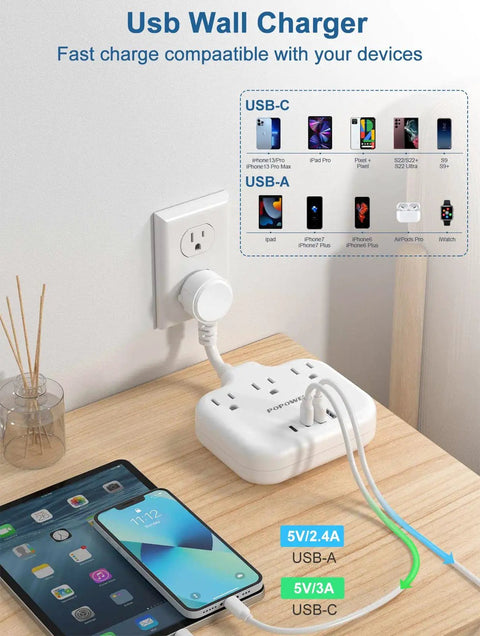 Your Go To USB Power Strip With Three AC Outlets And Four USB Ports Including Two Type C For Cruise Home Dorm And Office Keeps Devices Charged And Desk Clutter Free, showing charging setup with tablet and phone.