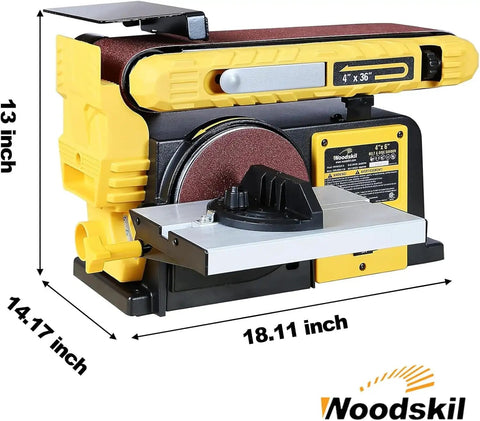 Pro Grade Belt And Disc Sander Combo With 4x36 Inch Belt And 6 Inch Disc, 3/4 HP Motor, yellow sander with tiltable table
