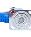 Set Of 2 Heavy Duty 8 Inch Swivel Caster Wheels Featuring Grippier Rubber Tires And Silky Smooth Ball Bearings 220 Lb Capacity Each 5 8 Inch Bore close-up view of metal bracket and blue rubber tire.