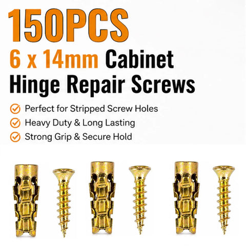 DIY Friendly Hinge Repair Kit With Screws And Expansion Anchors 6x14mm For Stripped Holes in Cabinets, displayed with components