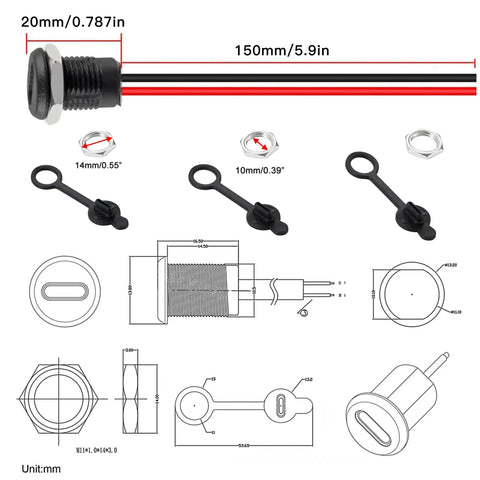 Diagram of Type C Female 2 Pin Waterproof USB C Pigtail Connector Kit with dimensions and design details