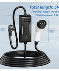 Top Shelf Portable EV Charger 3.6kW 16A Featuring Type 1 SAE J1772 And Type 2 Plugs Fast Charging Wallbox showing 5M cord and plug.