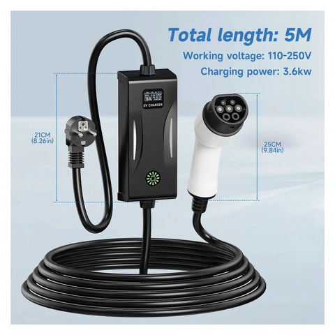 Top Shelf Portable EV Charger 3.6kW 16A Featuring Type 1 SAE J1772 And Type 2 Plugs Fast Charging Wallbox showing 5M cord and plug.