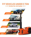 Badass 5 Ton Electric Floor Jack And 3 In 1 Hydraulic Car Lift Kit With Rapid Air Inflator and Turbo Impact Wrench shown with compatible vehicle types.