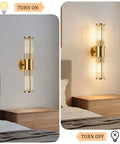 Klighten Hardwired Wall Sconce Modern Brushed Brass Bathroom Vanity Light mounted beside a bed, on and off state.