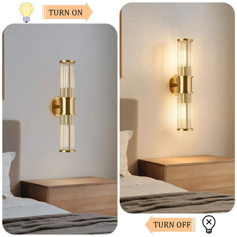 Klighten Hardwired Wall Sconce Modern Brushed Brass Bathroom Vanity Light mounted beside a bed, on and off state.