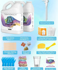 Epoxy Resin 1 Gallon Kit Crystal Clear Self Leveling Bubble Free Anti Yellowing Easy Mix 1 to 1 with accessories including pumps, gloves, and mixing tools.