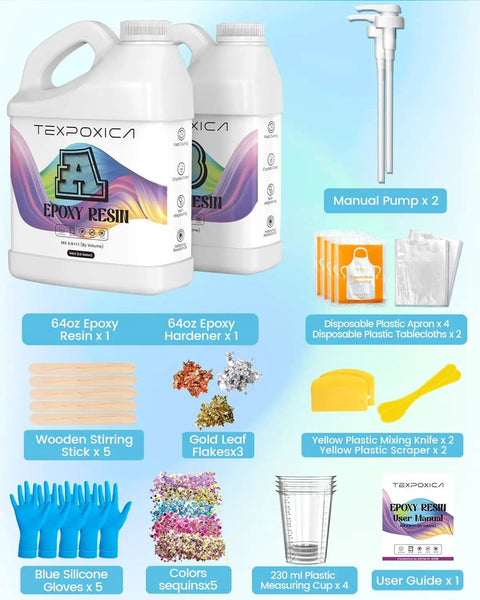 Epoxy Resin 1 Gallon Kit Crystal Clear Self Leveling Bubble Free Anti Yellowing Easy Mix 1 to 1 with accessories including pumps, gloves, and mixing tools.