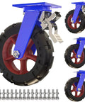 Bulletproof Heavy Duty Rubber Caster Set Of 4 With Dual Locking Brakes showing blue and red caster wheels with locking mechanism.