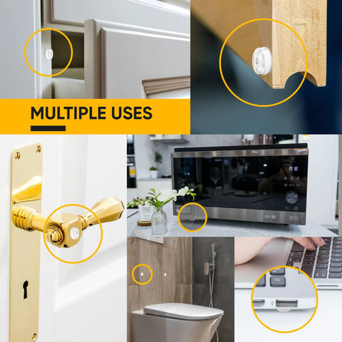 Collage of uses for 128 Self Adhesive Cabinet Door Bumpers For Quiet Closures on cabinets, drawers, doors, and appliances.
