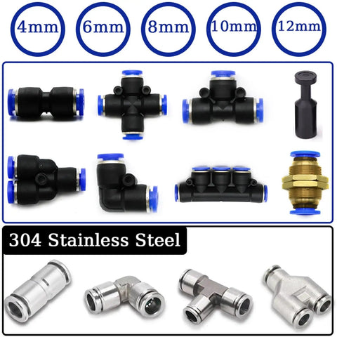 Air Pneumatic Fittings Kit With 100 Pieces Of Quick Connectors And Pipe Adapters, 12mm Plastic And Stainless Steel Build