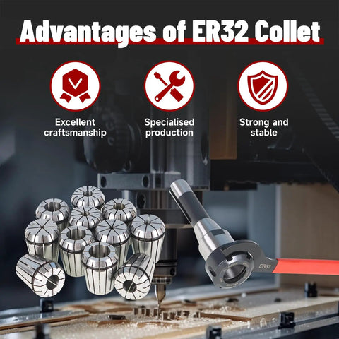 ER32 R8 Collet Chuck Holder with 11 Piece ER32 Collet Set and Wrench for Milling Machine, alloy steel, CNC ready