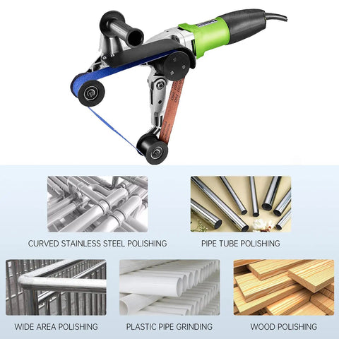 110V 800W Pipe And Tube Polisher With Stainless Round Sander, showing multiple polishing applications on different materials.