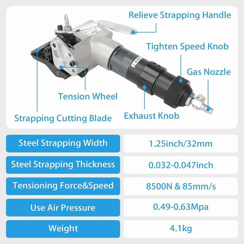 Heavy Duty Pneumatic Steel Strapping Machine Built Tough For Tight Buckles And Seamless Sealing Fits 19 25 32 Mm Straps, tool features labeled components.