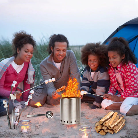 Family enjoying Pellet Tabletop Fire Pit 7 Inch Mini Outdoor Fire Pit with roasting sticks and firewood on beach