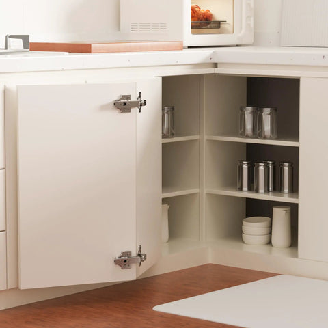 Smooth Operator 135 Degree Lazy Susan Hinges For Corner Cabinets showcasing cabinet doors with concealed hinges and organized interior.