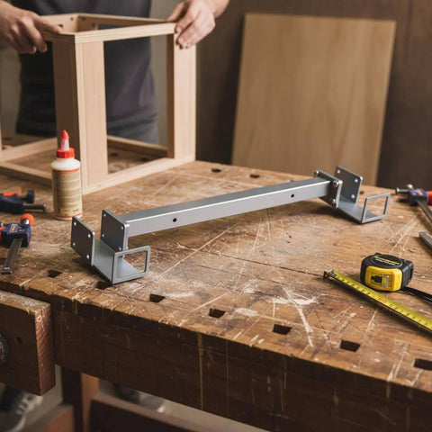 FytStycale Heavy Duty Adjustable Angle Corner Clamp For Carpentry Framing Jig, 16 To 24 Inches on a workbench with wood pieces.