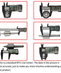Digital calipers measuring MT2 Live Center Long Nose 60 Degree With Triple Bearing dimensions for precision turning on lathes.