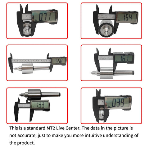 Digital calipers measuring MT2 Live Center Long Nose 60 Degree With Triple Bearing dimensions for precision turning on lathes.