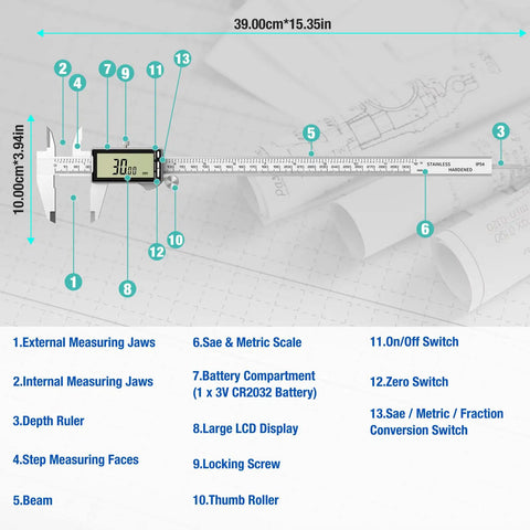Labeled diagram of Digital Caliper 12 Inch With Large LCD Screen for Inch Millimeter and Fraction Conversion 0 to 300 Millimeters