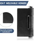 Beefy Weld On Hinges Three Piece Set 4 By 4 Inches Weldable Butt Hinges For Gates Garage Doors And Trailers 4.5mm Thick Load Up To 1000lbs Ideal For Industrial Gates And Heavy Duty Doors In Farm Warehouse And Trailer Setups, close-up black steel weld-on hinge