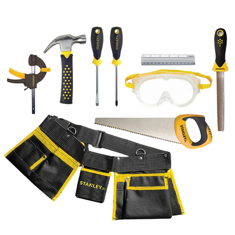 Real Deal Kids Tool Set With Belt Pouch, 10 Piece Pretend Play Tools including hammer, screwdriver, saw, ruler, goggles, file