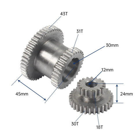 Fixed Duplex Gear Set For CJ0618 Mini Lathe High Precision Teeth T43xT31 And T30xT18 45 Carbon Steel M1.5 Module labeled dimensions