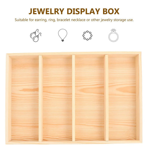 Wooden Jewelry Storage Tray With Four Compartments Multi Grid Ring Holder And Accessory Organizer Plate For Dresser Vanity And Makeup Station To Keep Your Bling Tidy, displaying four sections.